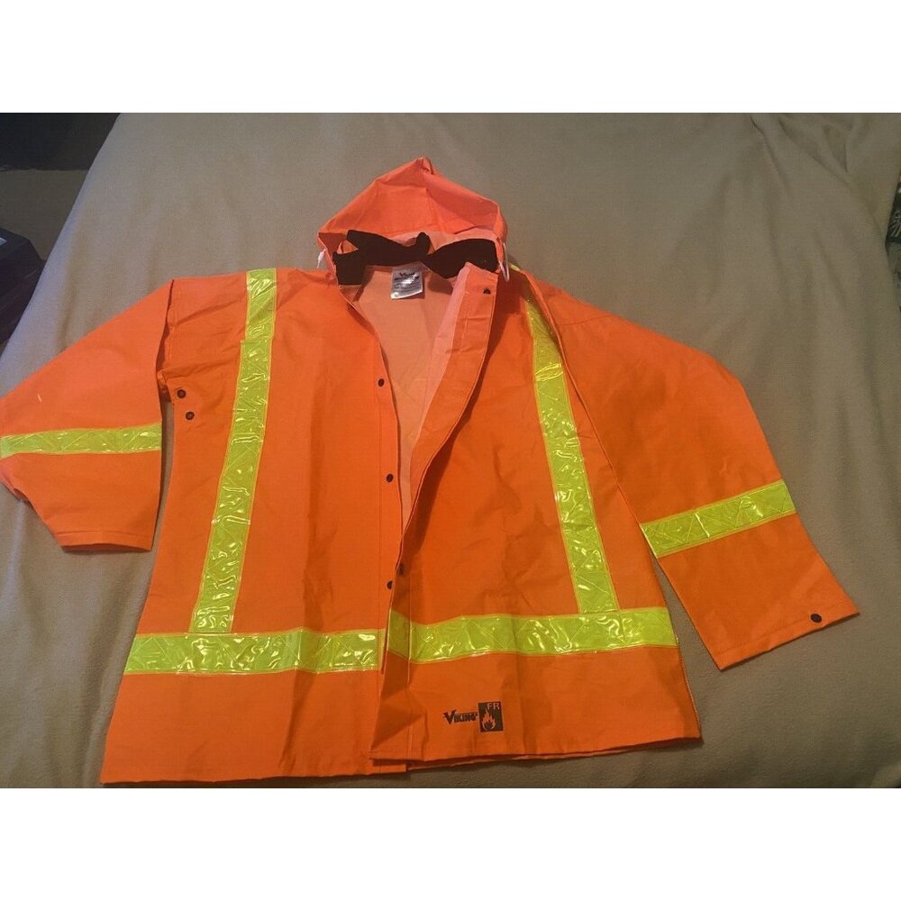 Viking Orange Work Coat Safety Reflective High Vis Hooded Jacket  2XL Button